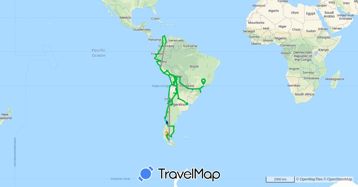 TravelMap itinerary: driving, bus, plane, hiking, boat, hitchhiking in Argentina, Bolivia, Brazil, Chile, Colombia, Ecuador, Peru, Paraguay (South America)